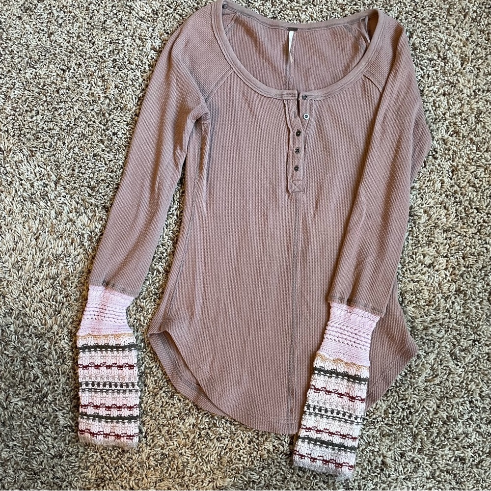 Free People Waffle Knit Crotchet Sleeve Thermal